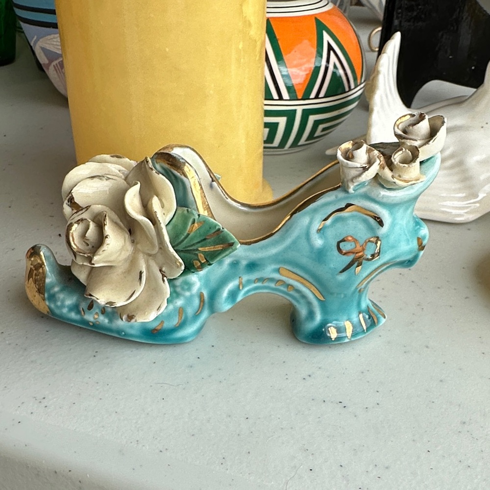 Turquoise Ceramic Shoe with White Roses
